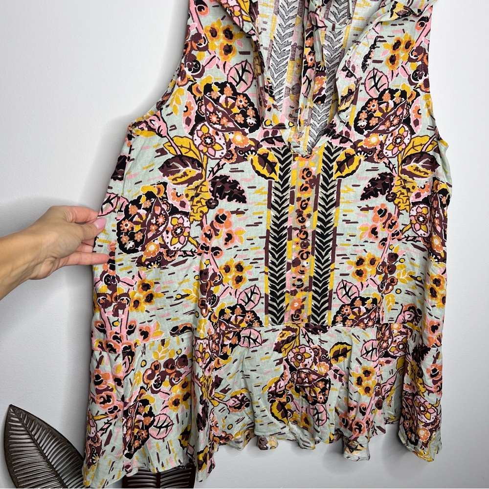 J23 Free People Summer in Tulum Linen Tie Back Tunic Top Botanical Floral Print - Picture 7 of 8